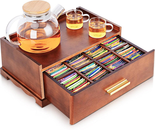 Tea Bag Organizer, Tea Organizers and Storage, Tea Box Organizer Storage Box, Tea Station Organizer for Countertop, Tea Caddy for Wood Tea Holder Organizers for Removable Drawer (Brown)