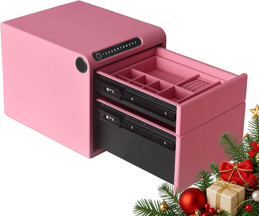 Biometric Fingerprint safe, Slide-Away Handgun Safe for Pistols, Leather Wrapped Jewelry Storage Safe, Drawer Safe for Home,Digital Keypad & Quick-Access Drawer (Pink-2 Drawer)