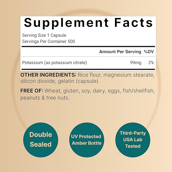 Potassium Citrate Supplement 99mg, 500 Capsules | Easily Absorbed Chelated Form – Essential Mineral Electrolyte Balance – Supports Muscle, Bone, & Heart Health – Non-GMO