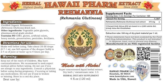 Rehmannia Liquid Extract, Organic Rehmannia (Rehmania Glutinosa) Tincture, Herbal Supplement, Hawaii Pharm, Made in USA, 15x4 fl.oz