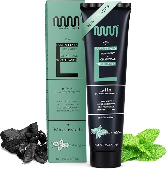 MasterMedi Charcoal Toothpaste with Nano Hydroxyapatite – Fluoride Free, SLS Free, Sensitive Whitening, Enamel Support, Spearmint Flavor, Dentist Recommended, 4 oz (Pack of 1)