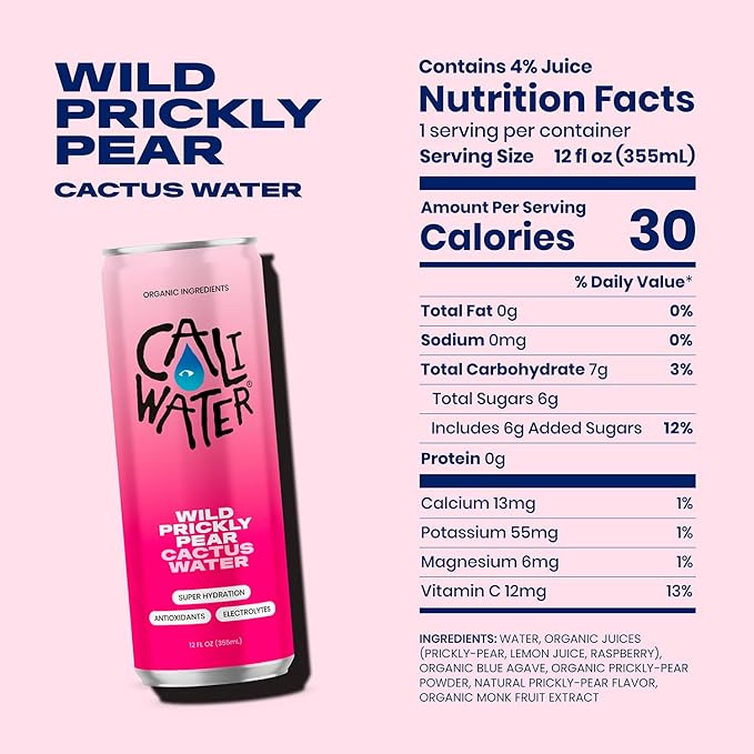 Caliwater - Organic Cactus Water - Wild Prickly Pear - 5g Sugar, 25 Calories - Coconut Water Alternative - Natural Plant Based Hydration - Skin Care, Electrolyte Drinks - Flavored Water - 12 Cans