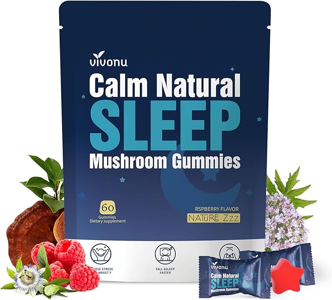Sleep Gummies Melatonin Free with L-Theanine, Magnesium, Reishi Mushroom,Valerian Root, Passionflower | Non-Habit Forming Sleep Aid | Non-GMO Sleep Gummies for Adults | Raspberry Flavor (60pcs)