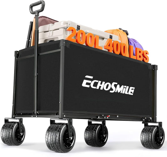 EchoSmile Collapsible Wagon Cart for Camping & Beach - Heavy Duty 400lbs Capacity All-Terrain Cart with Wide Wheels, Portable Folding Utility Wagon for Grocery, Garden, Sports,Black