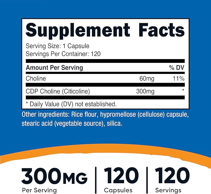 Nutricost CDP Choline (Citicoline) 300mg, 120 Vegetarian Capsules - Non-GMO, Vegetarian Friendly, Gluten Free