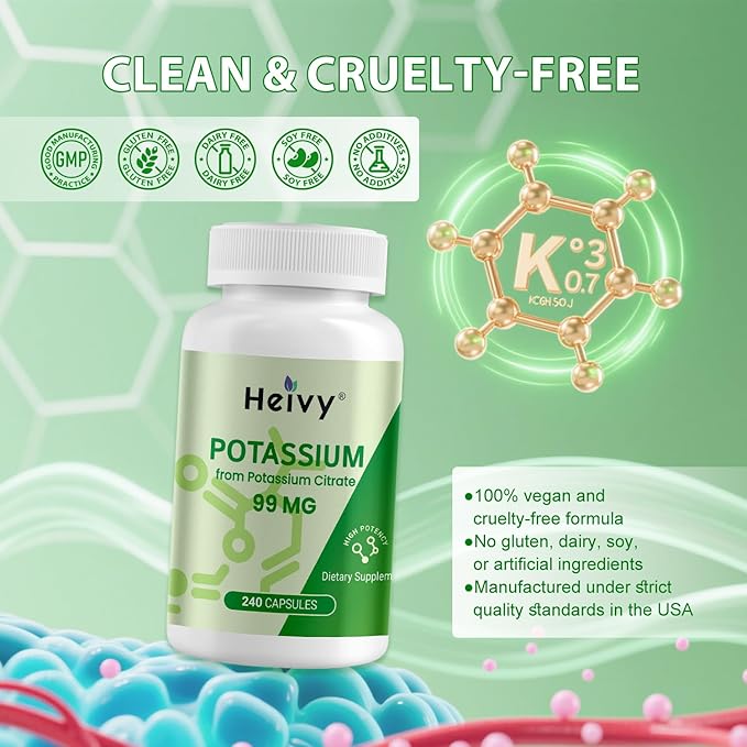 Potassium Citrate 99mg | 240 Capsules | Potassium Supplements for Electrolyte & Muscle Support | Vegan, Gluten-Free | Lab Tested | Made in USA