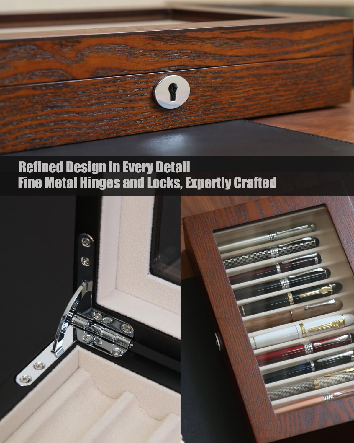 Wooden Pen Display Case – 12 Slot Lockable Fountain Pen Storage Box, Brown Collectors Display with Glass Top, Gift for Men