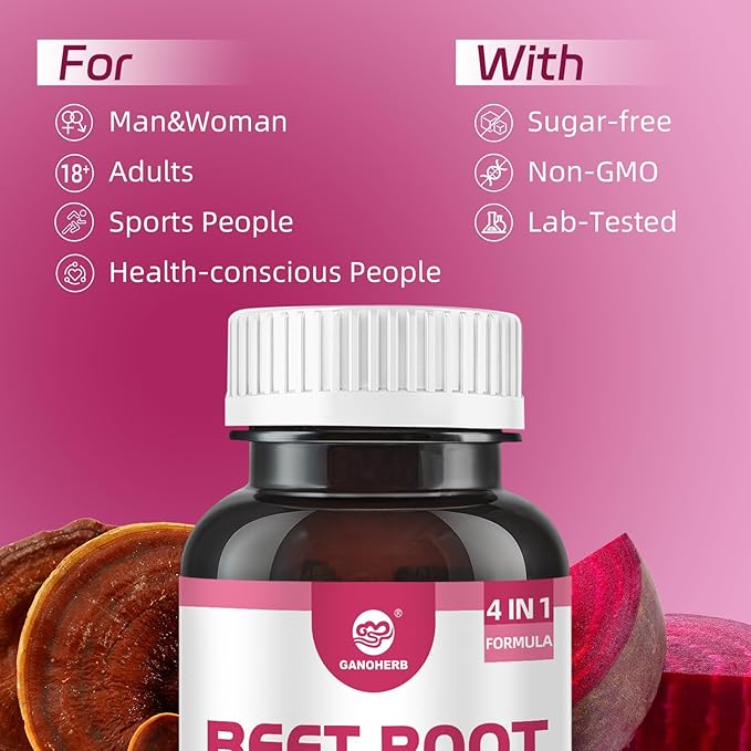 Beet Root Capsules 24000mg with Grape Seed Extract, Beetroot Supplement 4 in 1 with Reishi Mushroom, Black Pepper to Support Circulation, 90 Rapid Release Capsules