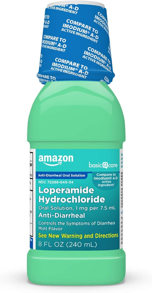 Amazon Basic Care Loperamide Hydrochloride Oral Solution, 1 mg per 7.5 ml, Anti-Diarrheal Medicine, Anti-Diarrhea Medicine For Kids and Adults 12 Years and Over, Mint, 8 fl oz (Pack of 1)