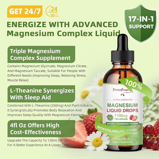 Magnesium Glycinate Liquid Drop - 17-in-1 Triple Absorption Magnesium Supplement with Magnesium Glycinate 400mg & Citrate 500mg for Muscle & Sleep,4 fl. oz Strawberry Flavor-2 Pack