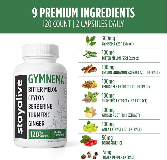 STAY ALIVE Gymnema Sylvestre 25:1 Extract, 120 Capsules with Bitter Melon, Ceylon Cinnamon, Berberine, Turmeric, Ginger, Amla Powder and Fenugreek, Non-GMO & Gluten Free Gymnema Sylvestre Supplement