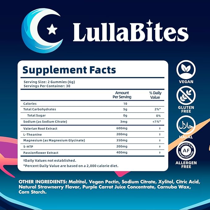LullaBites - Natural Sleep Gummies - Made in USA - With 5-HTP, L-Theanine, Magnesium & Valerian Root - Melatonin Free - Vegan - Halal - Sugar, Gluten Free - Sweet Strawberry - 60 Gummies - 30 Servings