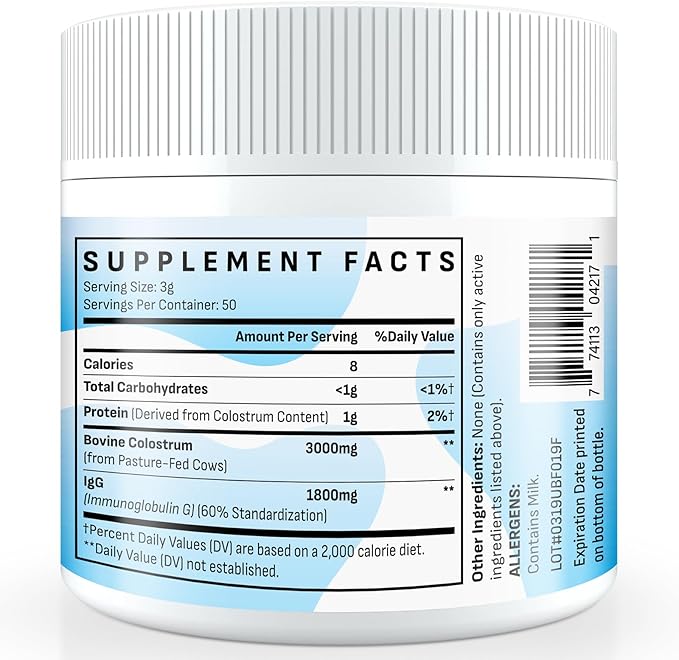Bovine Colostrum Supplement Powder - 60% IgG 3000 mg for Gut, Hair Growth, Beauty, and Immune, Easy to Mix, Unflavored (50 Servings)
