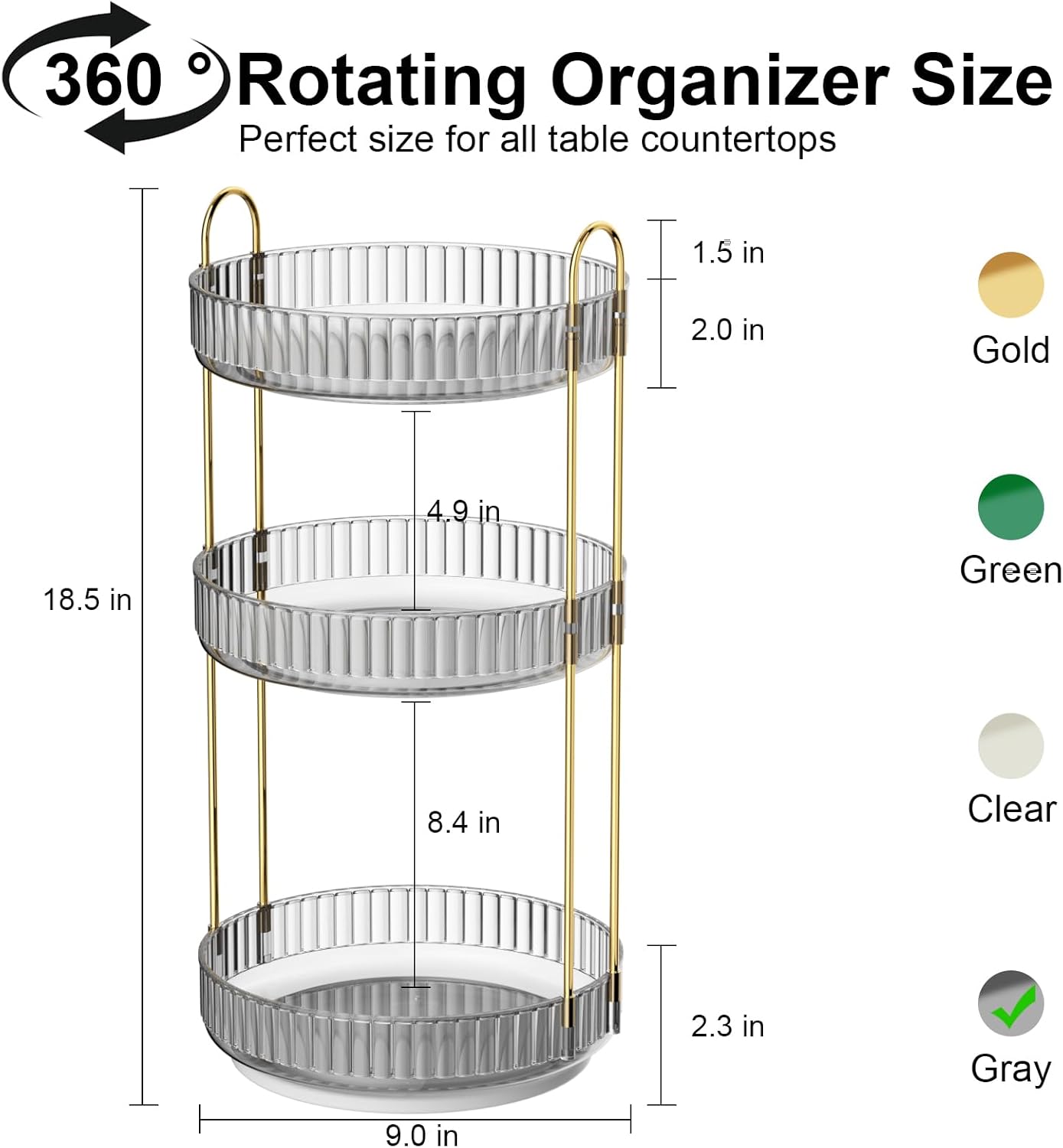 GTI 360°Rotating Makeup Organizer, 3 Tier Large Capacity Perfume Cosmetics Skincare Vanity Organizers,Bathroom Counter Organizer, Dresser Spinning Countertop Organizer and Storage for Women (Grey)