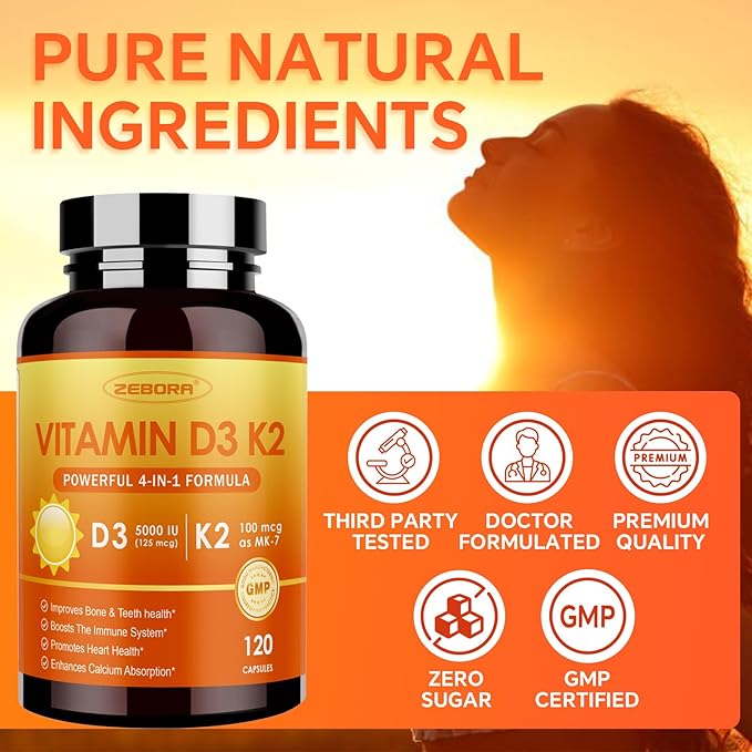 ZEBORA Vitamin D3 K2-5000 IU (125 mcg) Vitamin D & K2 (MK-7) 100 mcg with Zinc & Selenium - Maximum Absorption for Bone, Teeth, Heart & Immune Support - Gluten-Free, 120 Capsules