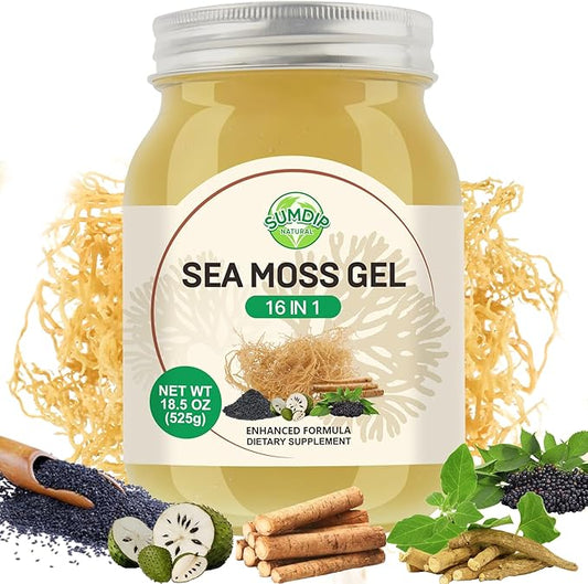 Sea Moss Gel 16 in 1 - Irish Sea MossGel 18.5OZ with Wildcrafted SeamossGel, Black Seed Oil, Burdock Root, Ashwagandha, Bladderwrack - Rich in Vitamins & Minerals - Non-GMO & Natural