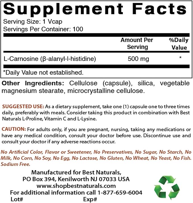 Best Naturals L-Carnosine 500 mg 100 Vcaps (100 Count (Pack of 3))