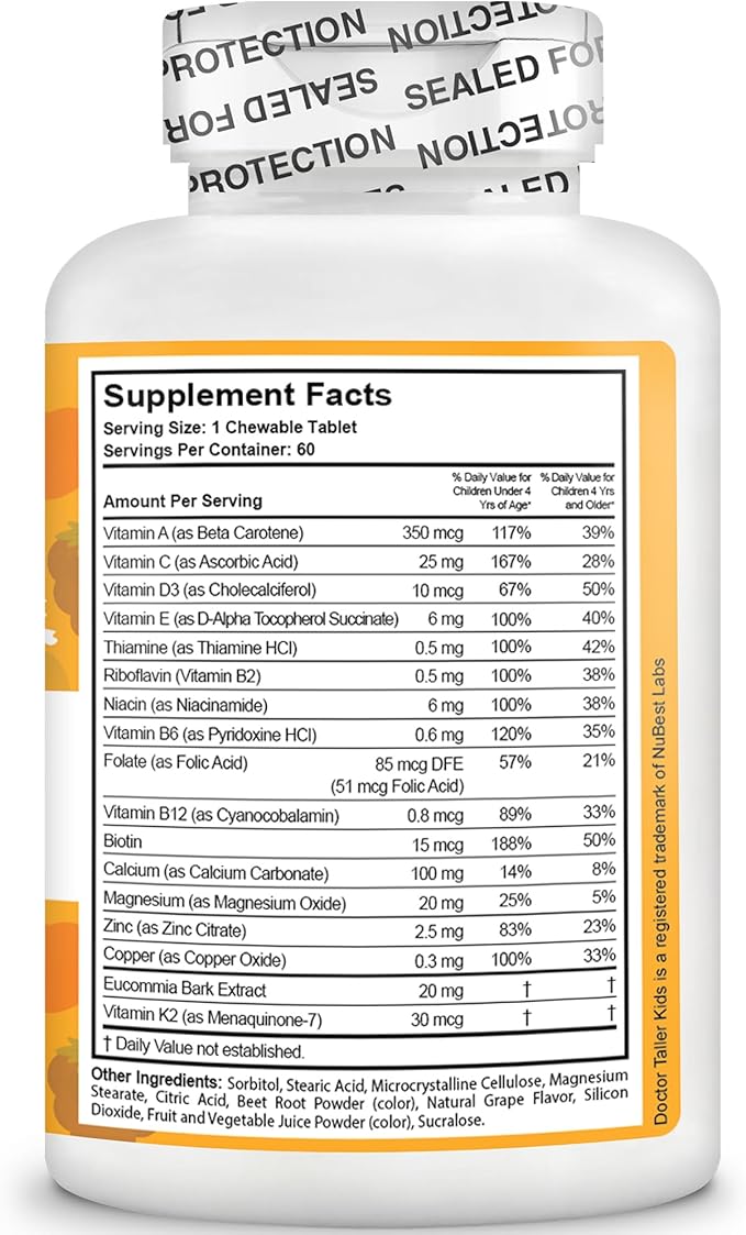 Doctor Taller Kids - Kids Multivitamins, Toddler Vitamins - Support Healthy Bone Growth and Bone Strength for Ages 2 to 9 - Grape Flavor - 60 Vegan Chewable Tablets | 6 Pack