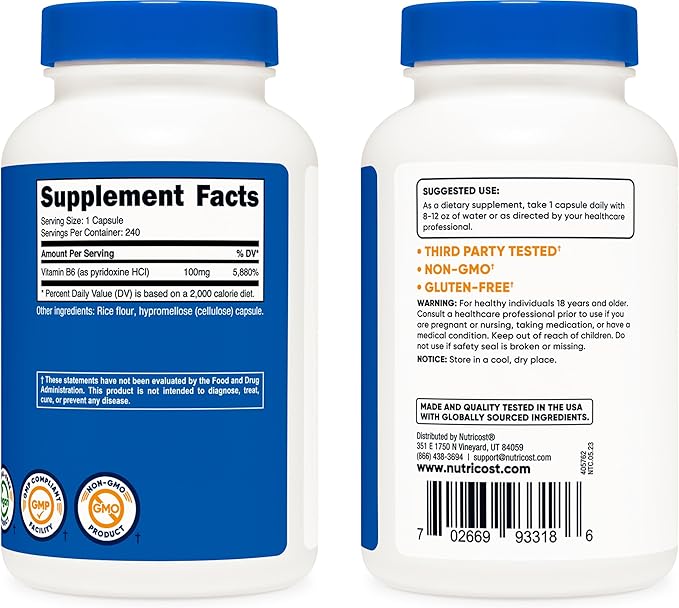 Nutricost Vitamin B6 (Pyridoxine HCl) 100mg, 240 Capsules (2 Bottles)