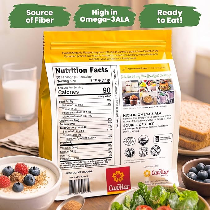 CanMar Ground Milled Golden Roasted Organic Flaxseed, 42 oz – Vegan, Non-GMO, Gluten Free – Flaxseed Meal with Omega-3, Fiber – Ground Organic Linseed Powder