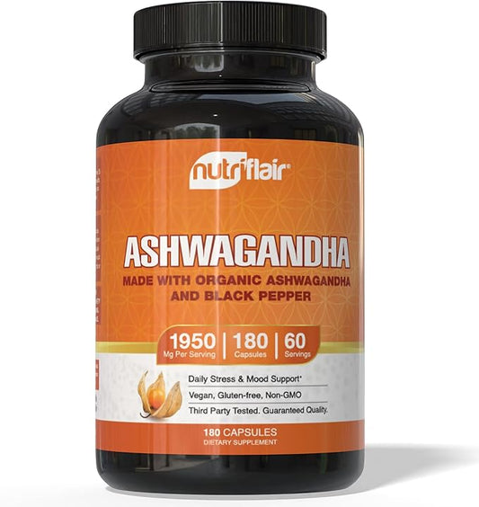 NutriFlair Organic Ashwagandha Root Extract - with Organic Black Pepper - Stress and Mood Support - Powerful Adaptogenic Benefits and Overall Health - Made in USA