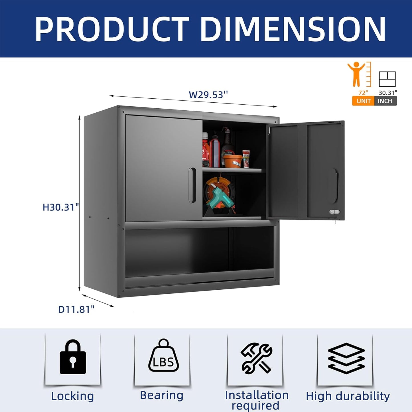 Metal Wall Cabinet, Garage Wall Cabinet with Adjustable Shelf for Garage, Tool Room, Kitchen, Assembly Required(Black)