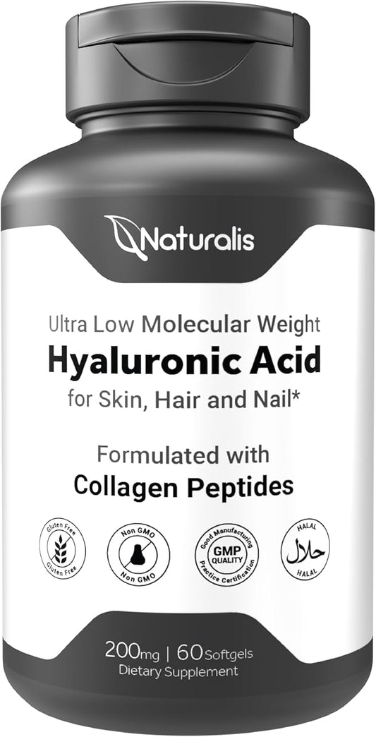 Hyaluronic Acid 200mg, 10x Better Absorption Ultra Low Molecular Weight with Collagen, Biotin, Selenium & Vitamin E | Hair, Skin, Nails & Joint Supplements | 120 Softgels