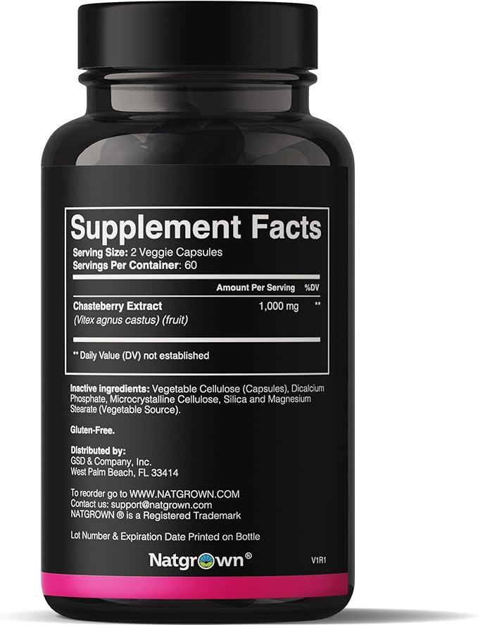 Natgrown Vitex Chasteberry Supplement for Women 1,000 mg - Supports Hormone Balance & Fertility - Agnus Castus Chaste Tree Vitex Berry Fruit Extract Capsules - 120 Ct