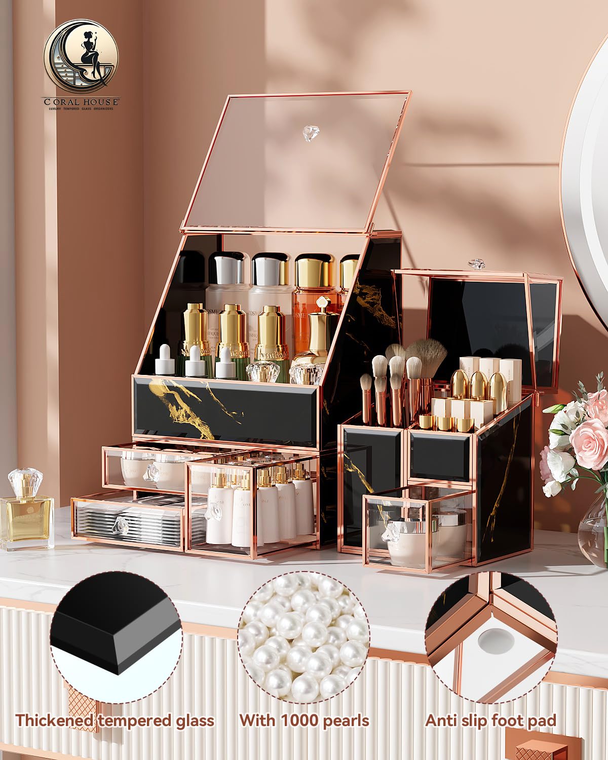 Makeup Organizer Black,Glass Vanity Organizer for Skincare, Perfume, Brushes & Lipsticks – Countertop Makeup Storage Box for Women, Bathroom or Dresser