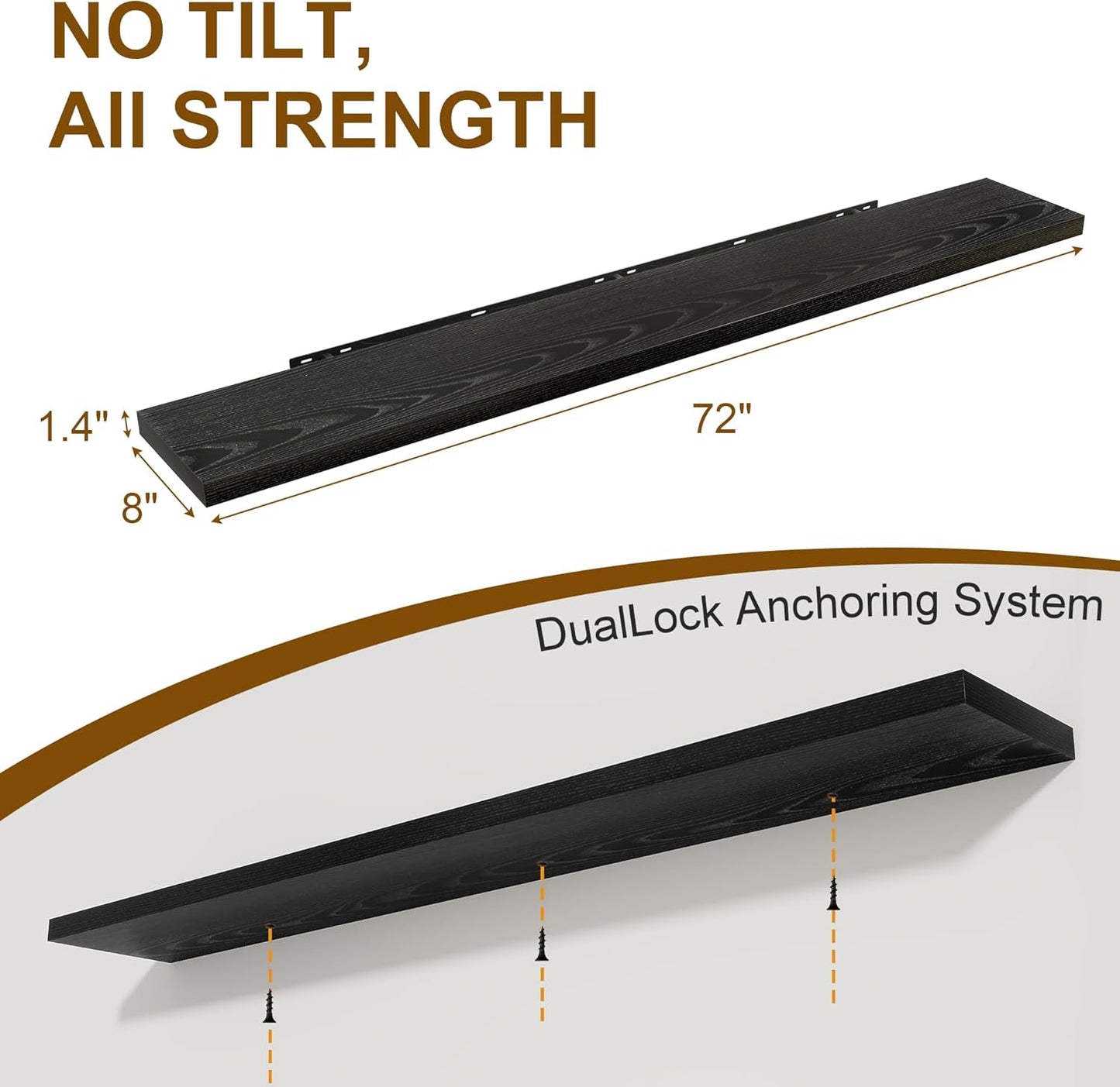 Fun Memories 72 Inch Floating Shelves for Wall, 8 Inch Deep Floating Shelf, Large Shelves with Invisible Bracket for Books|Storage, Rustic Wood Wall Shelf for Bedroom, Kitchen, Living Room, Black