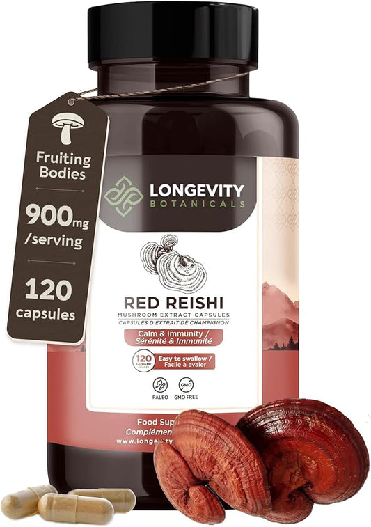 Longevity Botanicals Reishi Mushroom Extract Capsules (120) | Concentrated 10:1 Ratio | 100% Fruiting Bodies | Lingzhi (Ganoderma lucidum) Supplement for Immune, Stress & Sleep Support