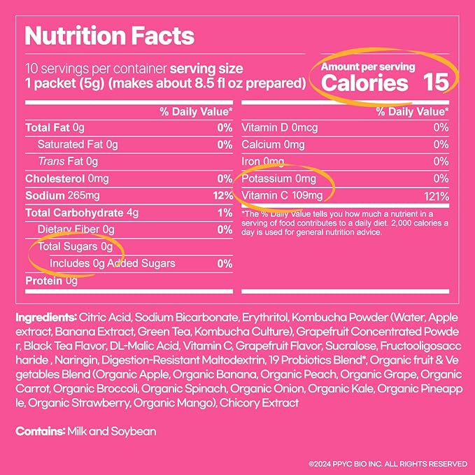 SUNMANC Kombucha 10 packets, Sparkling Probiotic Fermented Drink, Convenient Powdered Drink Mix, Tea Powder, Low Calories, Sugar 0g, Low Caffeine (Grapefruit)