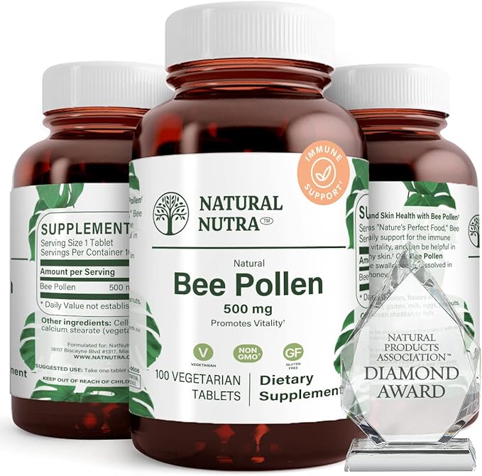 Natural Nutra Bee Pollen 500 mg, Gluten-Free Vegetarian Supplement, Helps Promotes Vitality, Energy Boost, Skin Health, Boost Stamina, Nutritional Supplement, 100 Tablets