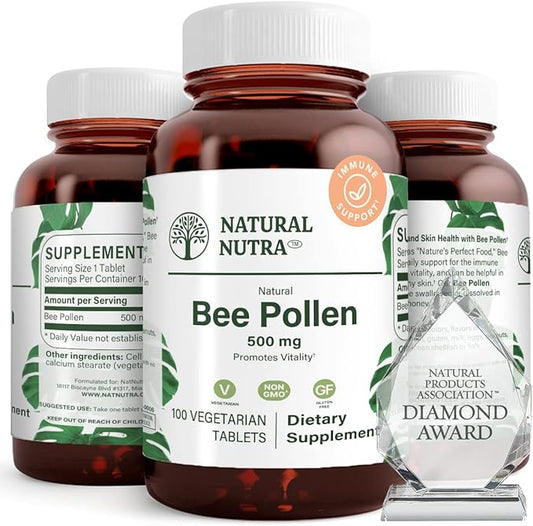 Natural Nutra Bee Pollen 500 mg, Gluten-Free Vegetarian Supplement, Helps Promotes Vitality, Energy Boost, Skin Health, Boost Stamina, Nutritional Supplement, 100 Tablets