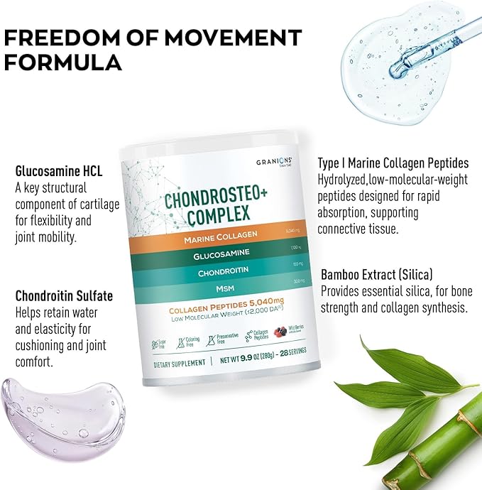Glucosamine Chondroitin MSM Powder – Joint Supplements for Men and Women - Chondrosteo, Hydrolyzed Marine Collagen Peptides, Essential Vitamins Minerals Nutritional Complex – Wild Berry 9.9oz