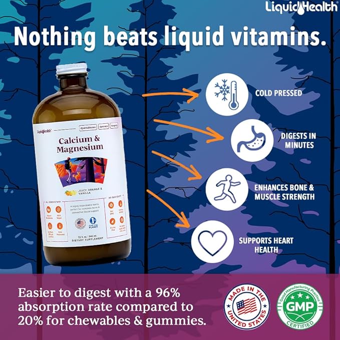 LIQUIDHEALTH Calcium & Magnesium Adult Liquid Vitamin Supplement - Bone, Joint, Muscle, Connective Tissue Support, Heart Health, Essential Nutrients - Made in USA, Vegan, Non GMO, No Sugar (2 Pack)