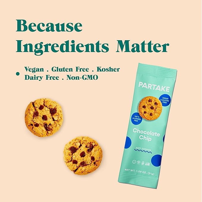 Partake Gluten Free Soft Baked Chocolate Chip Cookies - Vegan - Free From the Top 9 Allergens Including Dairy, Wheat, Soy, Eggs, & Peanuts - Non GMO - Safe School & Office Snack (48 Packs, 1.09 oz)