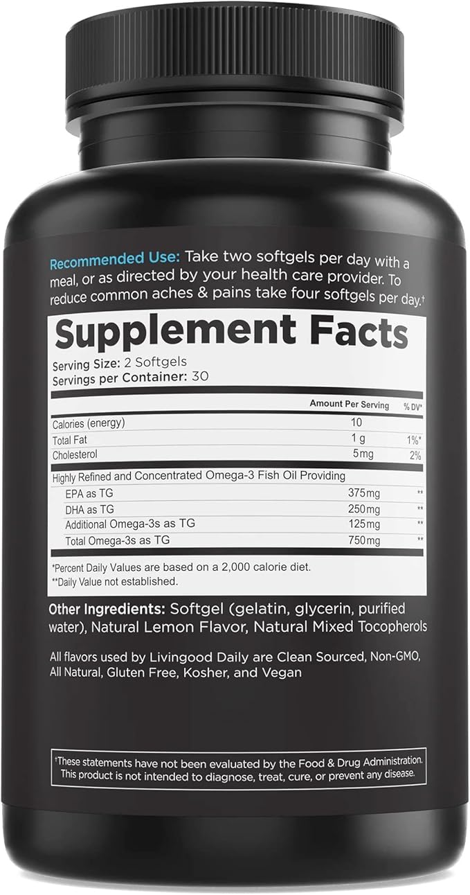 Livingood Daily Fish Oil Omega 3 Supplement, EPA and Dha from Wild Caught Fish, Omega 3 Fatty Acids for Heart, Brain, and Joint Health for Men and Women, Gluten Free, 30 Day Supply, 60 Softgels