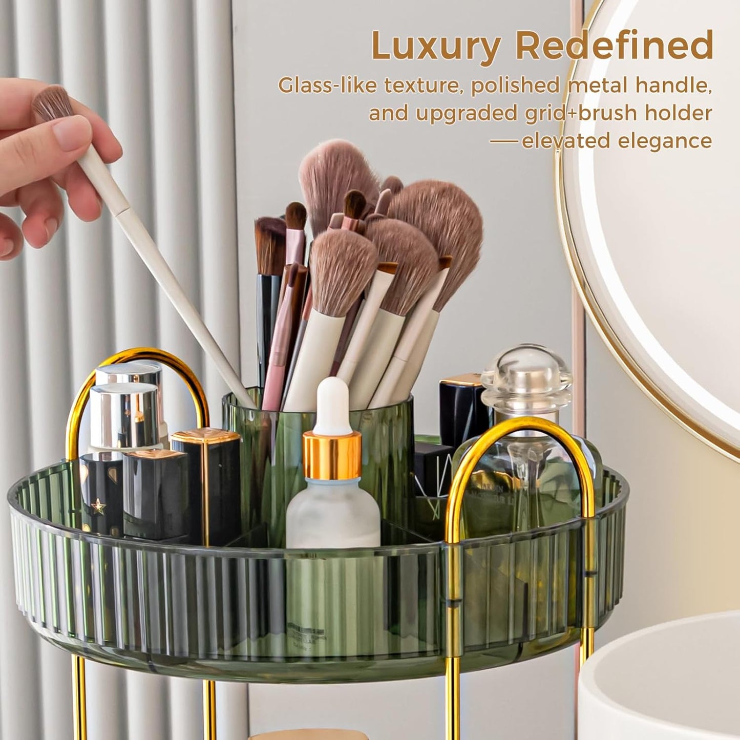 360° Rotating Makeup Organizer, Upgraded 3 Tier Skincare Perfume Organizers for Women, Bathroom Organizer Countertop, Clear Cosmetic Dresser Organizer with Makeup Brush Holder, Sink&Counter (Green)