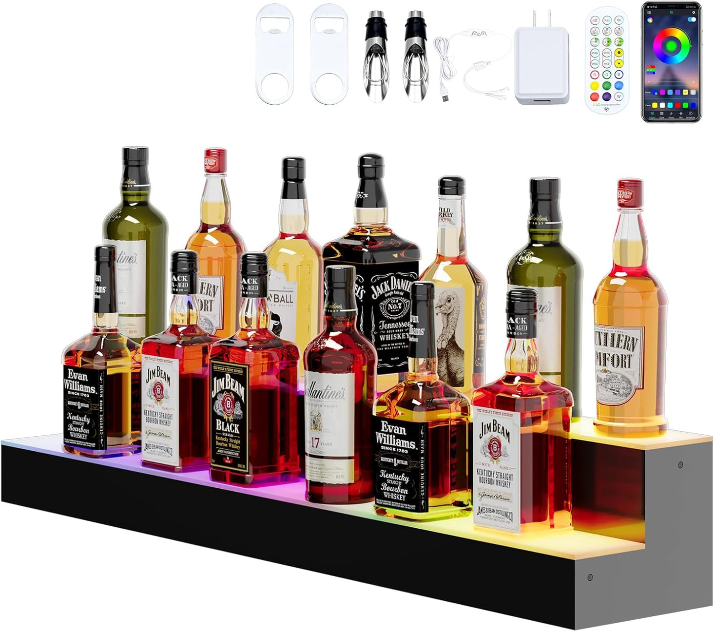 Dethan 2 Tier 40 Inch Liquor Bottle Display Shelf - Wine Racks with Multi-Color App & Remote Control, Adjustable Brightness & Sound Modes, Acrylic Bar Shelves for Commercial Clubs