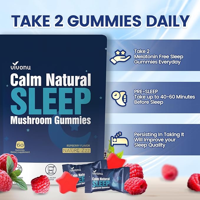Sleep Gummies for Adultswith L-Theanine, Magnesium, Reishi Mushroom,Valerian Root, Passionflower | Non-Habit Forming Sleep Aid | Non-GMO Sleep Gummies Melatonin Free | Raspberry Flavor (60pcs)