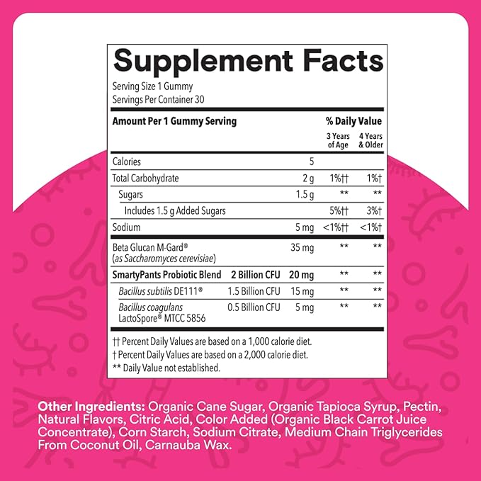 SmartyPants Kids Probiotic Gummies for Digestive Health: 2 Billion CFU Gut Health and Immune Support Supplement, Clinically Studied Probiotic, Gluten Free, Grape, 30 Count (30 Day Supply)