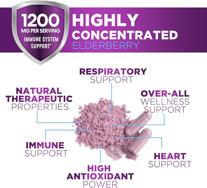 Elderberry Immune Support 1200mg Extract Capsules - Daily Immune Support for Adults with Concentrated Sambucus Black Elderberry Antioxidant - Gluten Free Vitamin, Non-GMO Supplement - 120 Capsules