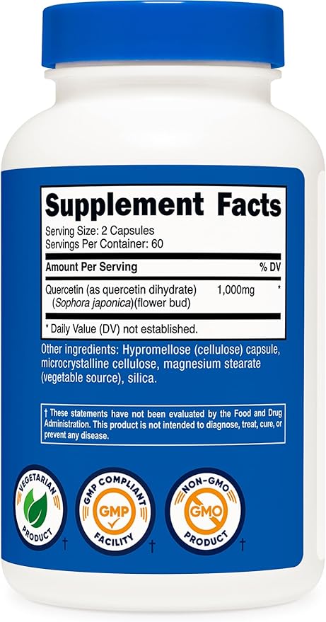 Nutricost Quercetin 1000mg, 120 Capsules - Vegetarian Capsules, 60 Servings, 500mg Per Capsule, Non-GMO, Gluten Free