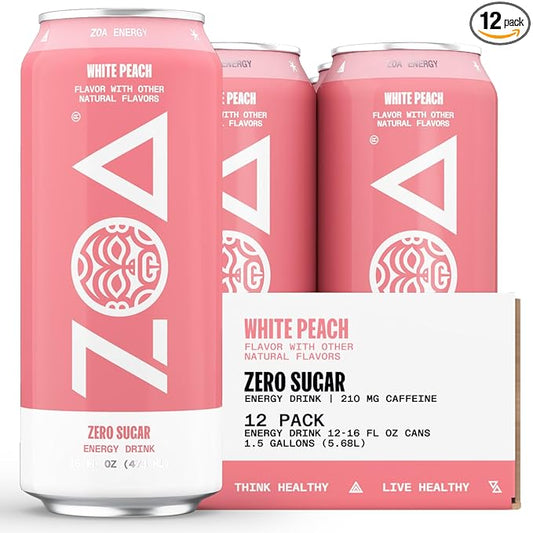 ZOA Zero Sugar Energy Drinks, White Peach - Sugar Free with Electrolytes, Healthy Vitamin C, Amino Acids, Essential B-Vitamins, and Caffeine from Green Tea - 16 Fl Oz (12-Pack)