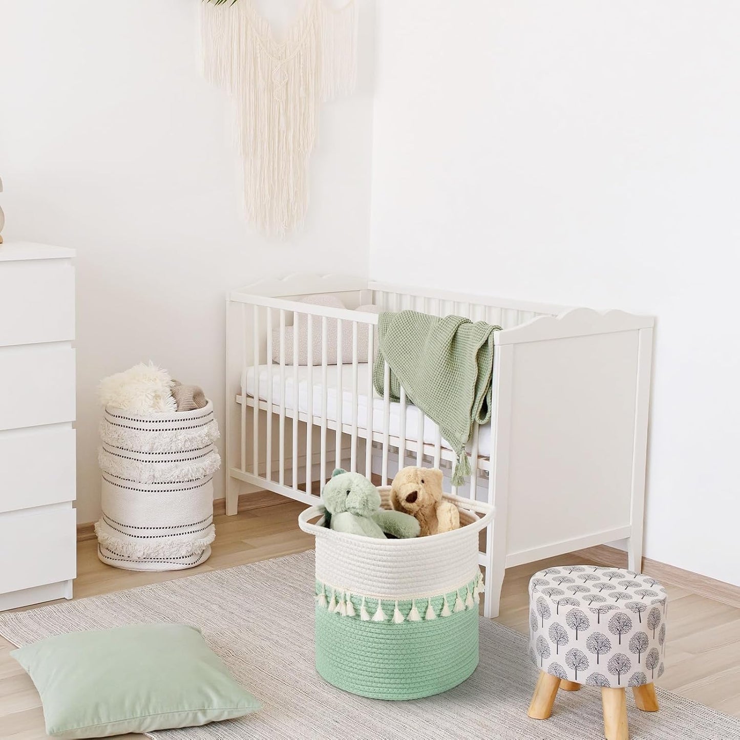 danpinera 11 Inch Woven Baskets for Storage, 3 Storage Baskets for Organizing in Laundry, Living Room, Nursery, Cute Rope Boho Baskets for Shelves, Decorative Storage Basket, Green