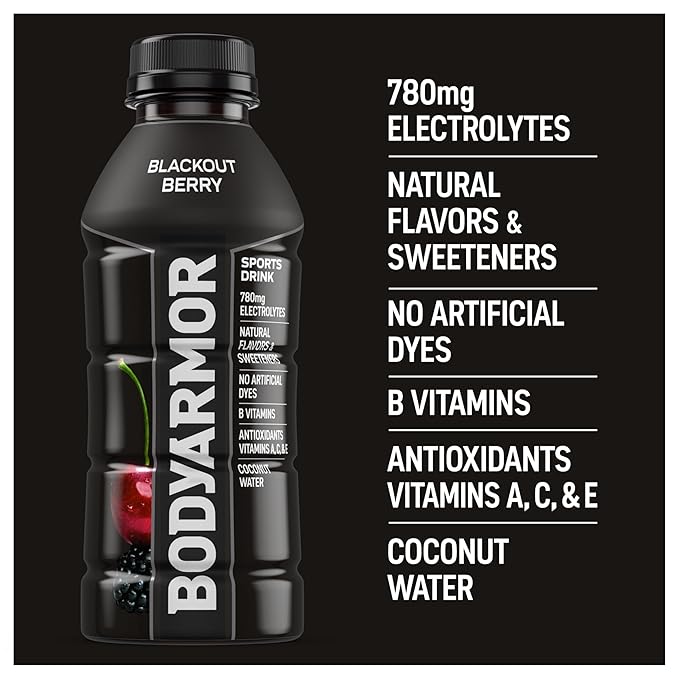 BODYARMOR Sports Drink Sports Beverage, Blackout Berry, Coconut Water Hydration, Natural Flavors With Vitamins, Potassium-Packed Electrolytes, Perfect For Athletes, 16 Fl Oz (Pack of 12)