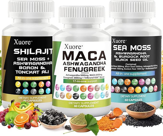 Sea Moss, Black Seed Oil, Ashwagandha, Ginger, Shilajit, Rhodiola Rosea, Panax Ginseng, Maca Root, Fenugreek, Trifibranol100X,All in 1 Supplements (1 Pack)