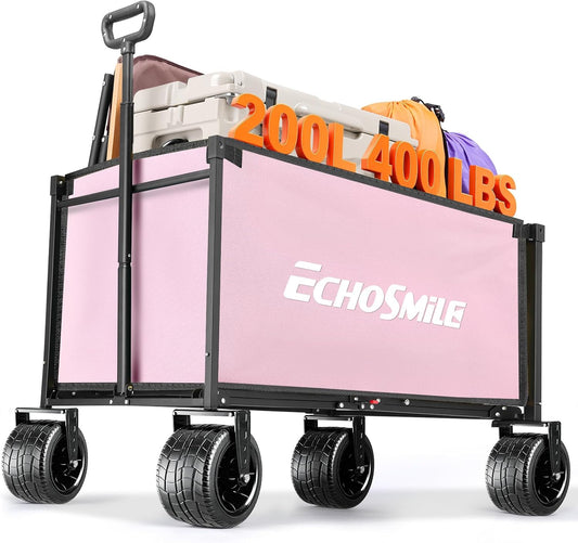 EchoSmile Collapsible Wagon Cart for Camping & Beach - Heavy Duty 400lbs Capacity All-Terrain Cart with Wide Wheels, Portable Folding Utility Wagon for Grocery, Garden, Sports,Pink&Gray