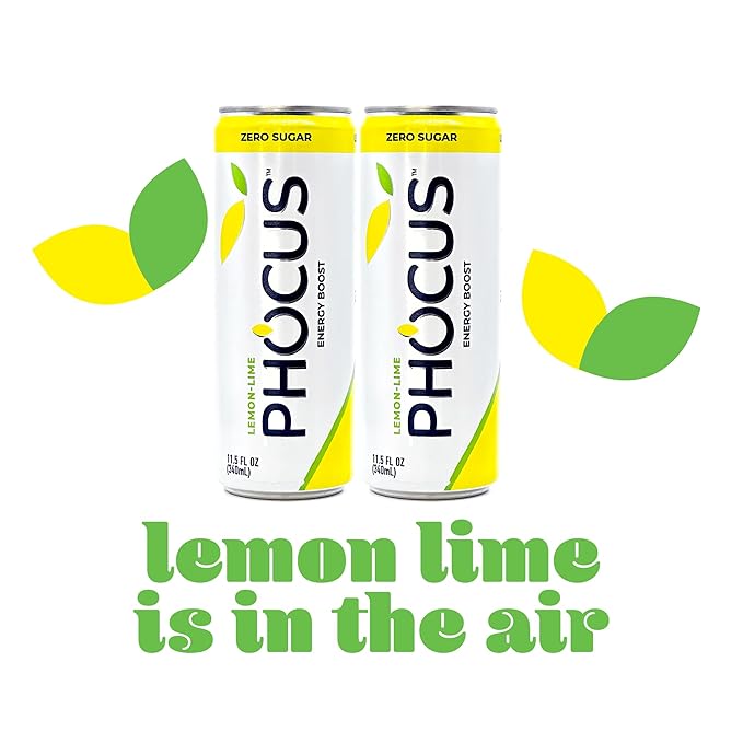 PHOCUS Caffeinated Sparkling Water, Lemon Lime, 75mg Natural Caffeine Plus L-Theanine, Zero Sugar, Zero Calories, No Artificial Sweeteners, 11.5 fl oz Cans (Pack of 12)